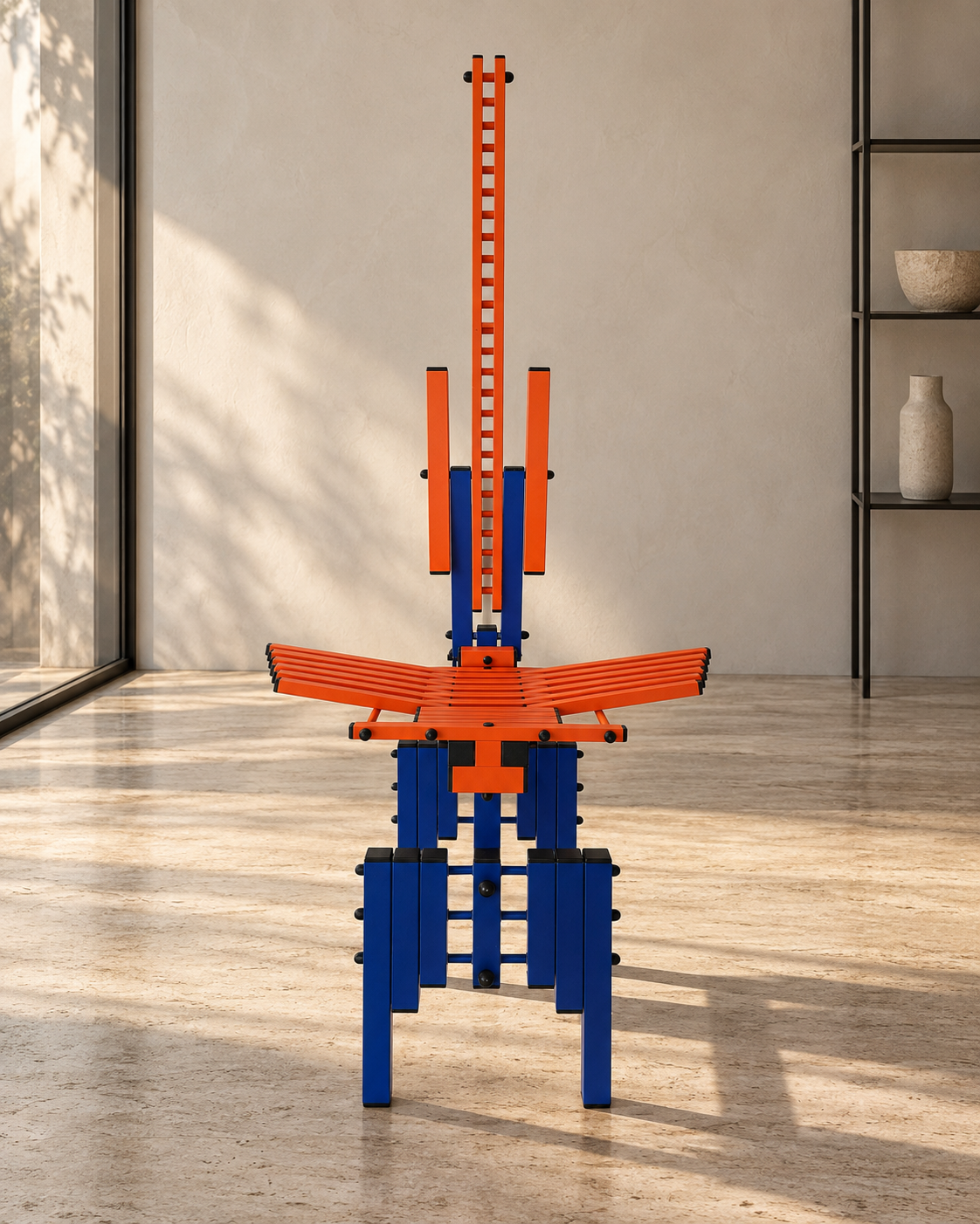 Sedia arancio e blu con alto schienale a scala, vista frontale